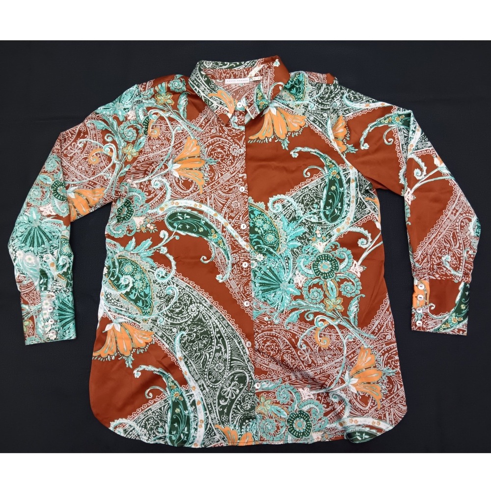Susan Graver Womens Medium Paisley Button Down Blouse Rust Teal Satin Finish QVC